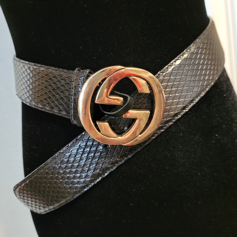 Gucci Designer Black Phyton Belt with Interlocking GG Gold-Tone Buckle 75/ 30